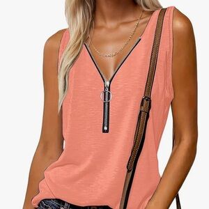 Stylish Zipper V-Neck Peach Tank Top